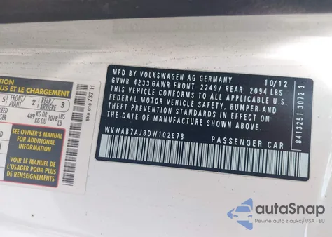 2013 Volkswagen Golf 2.5L 2-Door из США, поврежденный, VIN WVWAB7AJ8DW102678